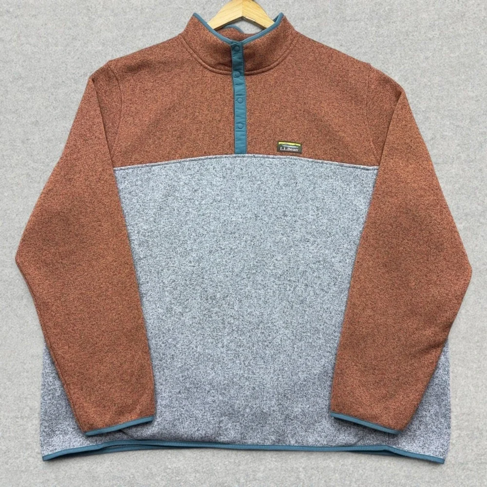 LL Bean Sweater Fleece Pullover Mens 3XL Tall Orange Grey Colorblock Snap